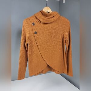 Scrap-Work Button Turtle Cowl Neck Asymmetric Hem Wrap Top